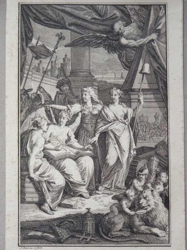 Frontispicio o portada de la obra de historia Te Amsterdam (Holanda, Europa), 1749. Isaak Tirion/Punt