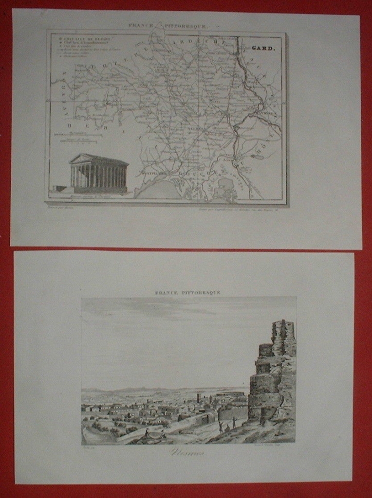 2 grabados de un mapa y vista panorámina de la ciudad de Nimes (Francia), 1835. Anónimo