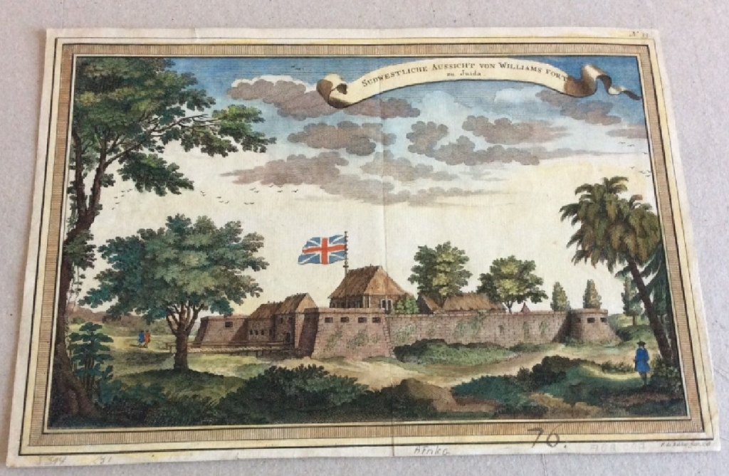Vista del Fuerte inglés Willians en Juida (Benin, África occidental) ,  1748.Bakker/Prevost