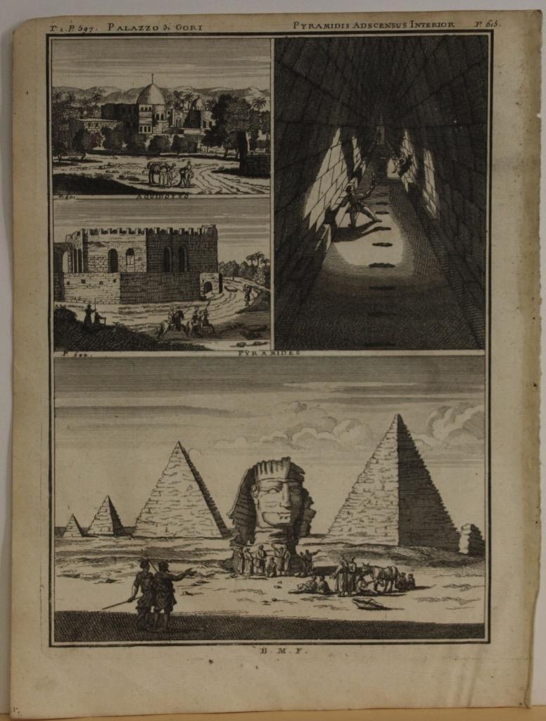 Pirámides y Esfinge de Giza, palacio Gori y acueducto, El Cairo (Egipto, África), 1725. C. de Bruyn