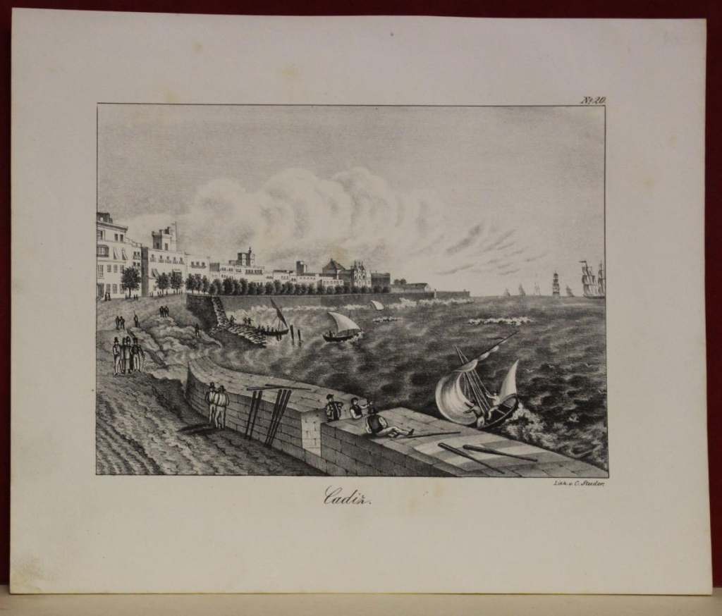 Vista panorámica de la ciudad y puerto Cádiz (España, Europa), hacia 1860. C.Studer