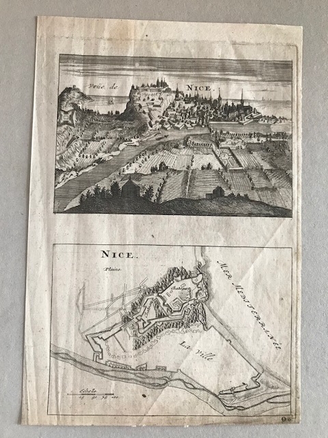 Vista y plano de la ciudad de Niza, Costa Azul (Francia), 1695.  Nicolas de Fer