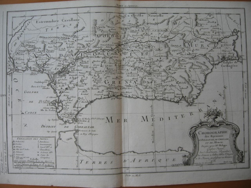 Antiguo mapa de Andalucía y Murcia (España), 1787. Philippe Pretot