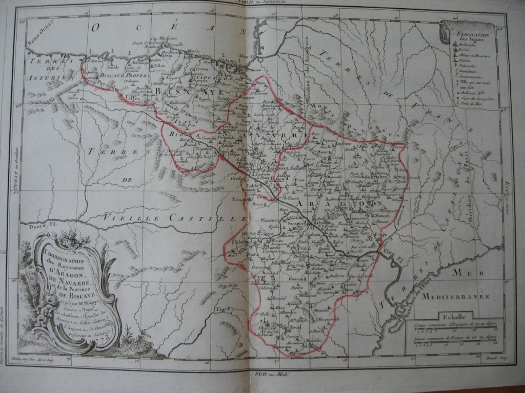 Antiguo mapa del País Vasco, Navarra y Aragón (España), 1787. Philippe Pretot