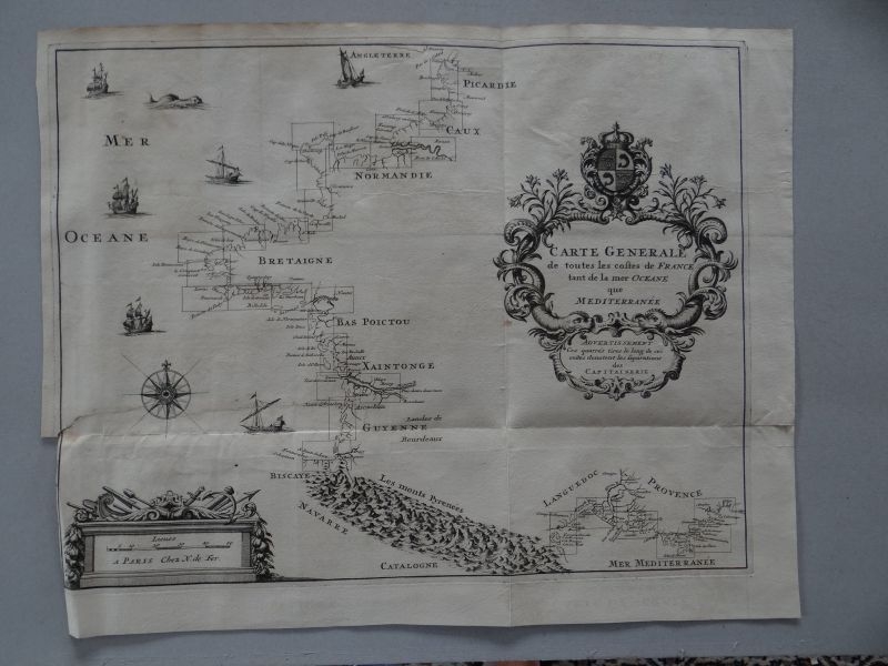 Gran mapa de la costa de Francia,  de Picardia a la  Guayana (Europa), 1694. Nicolás de Fer
