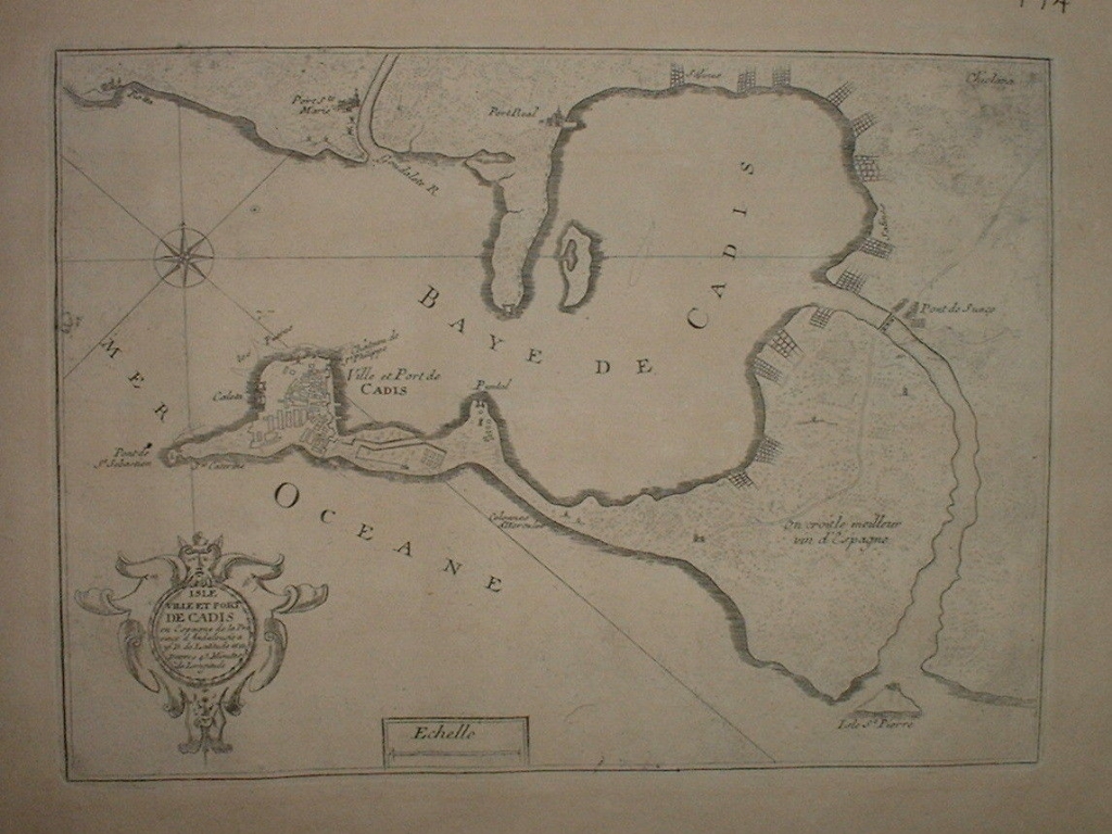 Mapa de la Bahía y puerto de Cádiz y Rota (España),  hacia 1700. Nicolás de Fer