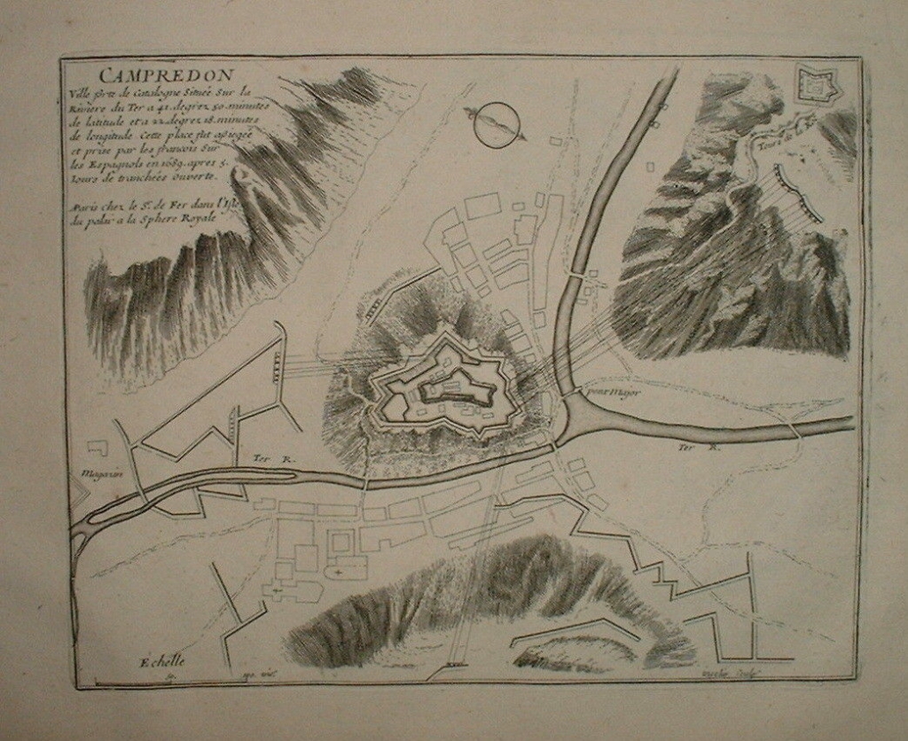 Plano de Camprodón y sus fortificaciones (Gerona, España), hacia 1700. Nicolás de Fer