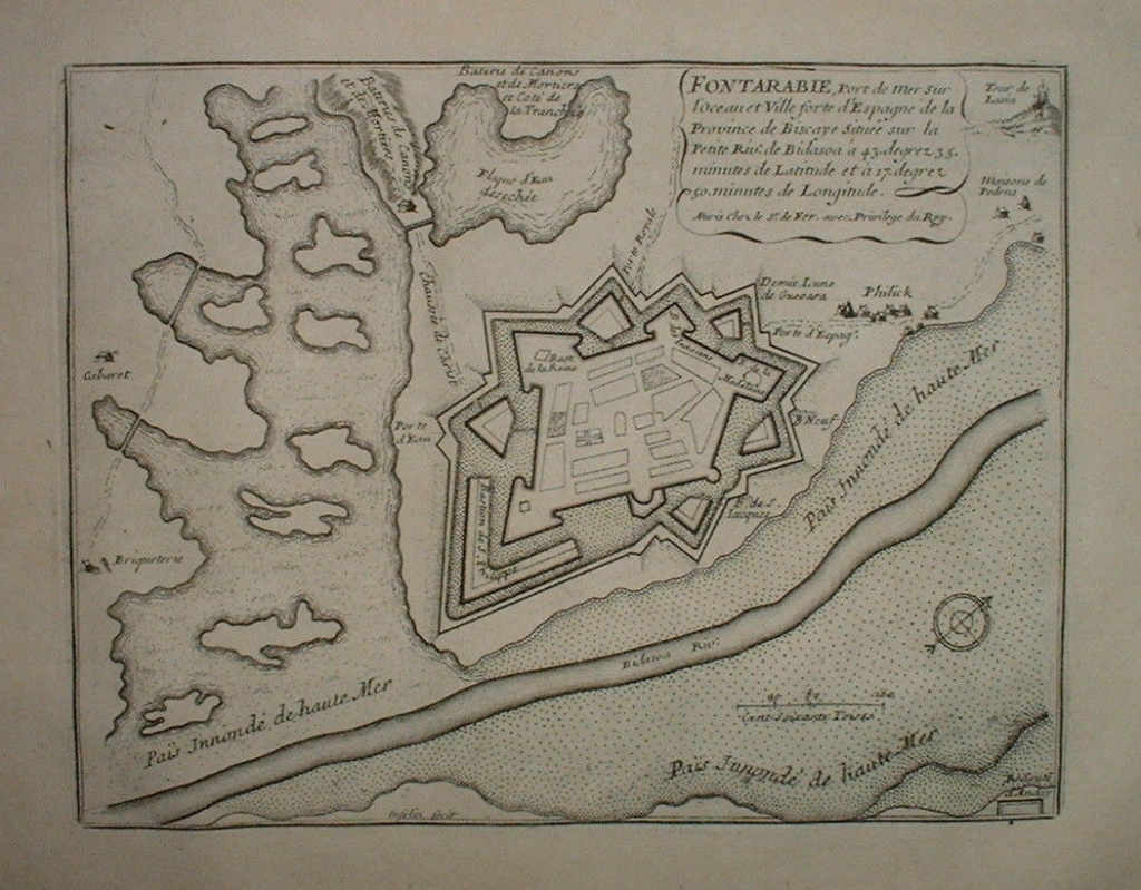 Mapa de ciudad fortificada de Fuenterrabía (Guipuzcoa, España), hacia 1700. Nicolás de Fer