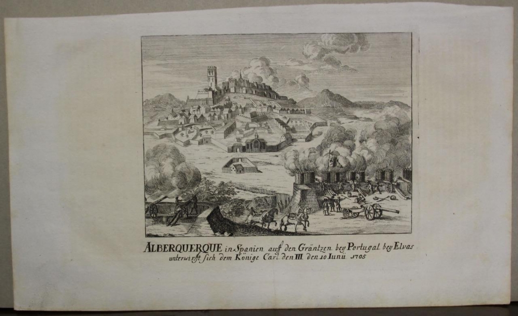 Vista de la ciudad de Alburquerque (Badajoz, Extremadura, España), 1714. M. Merian