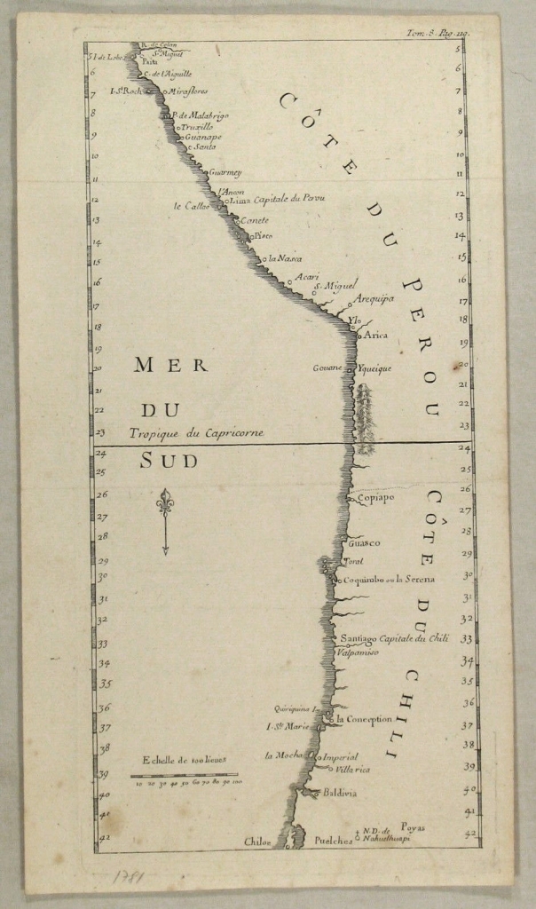 Mapa de la costa de Perú y Chile (América), circa 1780. Anónimo