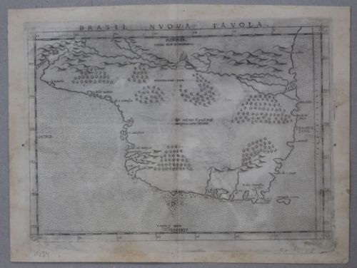 Antiguo mapa de Brasil (América del Sur), 1561. Ptolomeo/Ruscelli