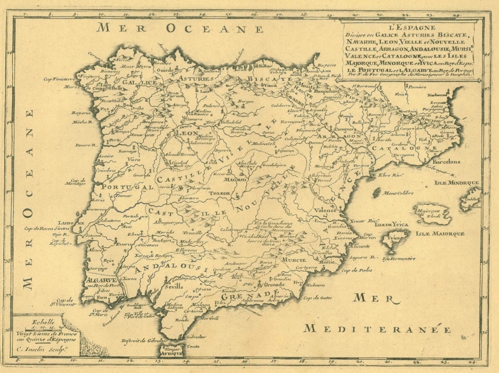 Mapa de España y Portugal, hacia 1750. Nicolás de Fer