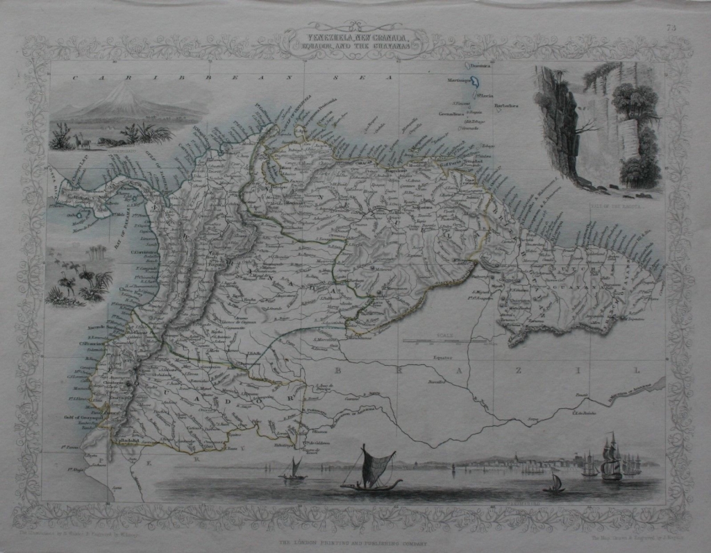 Mapa de las Guayanas, Venezuela, Colombia, y Ecuador (América del sur), 1851. Tallis/Rapkin