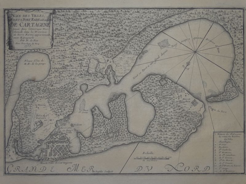 Plano de la ciudad de Cartagena de Indias (Colombia, América del Sur), 1715. Nicolás de Fer
