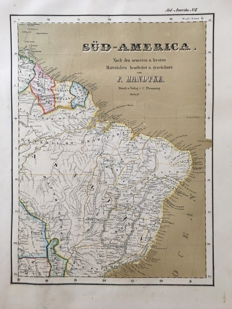 Mapa de Brasil y las Guayanas (América del Sur), 1855.  Flemming/Sohr y Berghaus