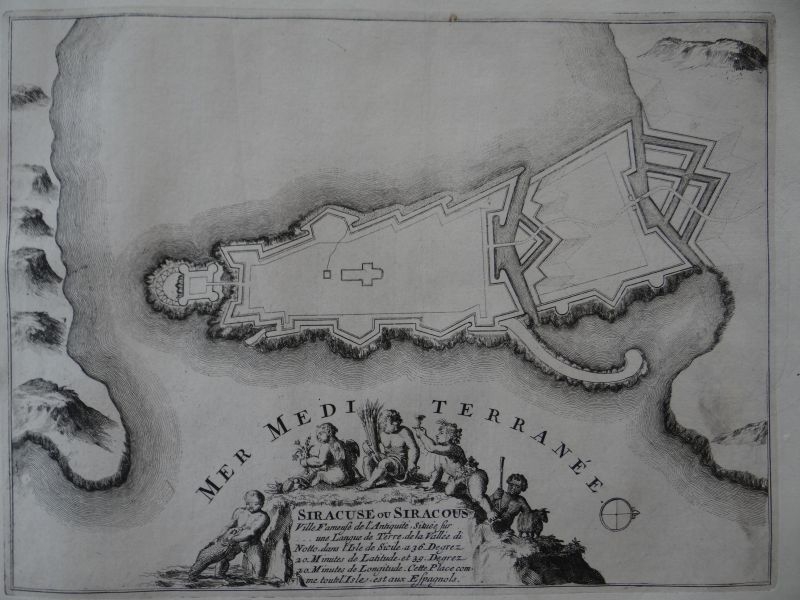 Mapa y plano de la ciudad de Siracusa (Sicilia, Italia, Europa),1693. Nicolás de Fer