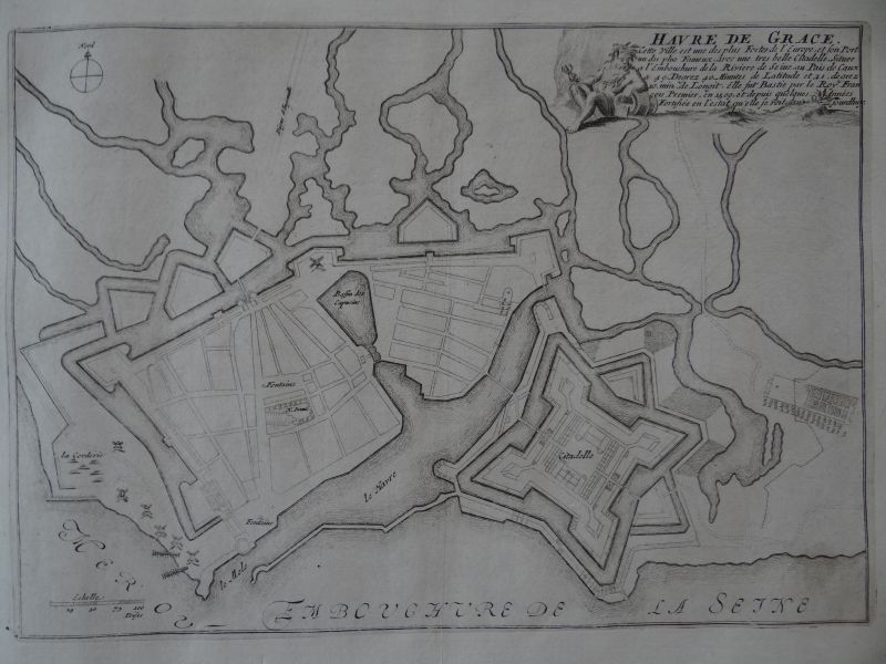 Mapa de la ciudad y puerto de Havre, Sena Marítimo (Francia), 1694. Nicolás de Fer