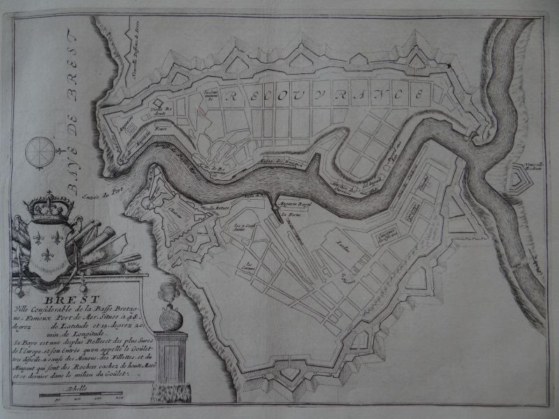 Mapa de la ciudad portuaria de Brest, Bretaña (Francia), 1694. Nicolás de Fer
