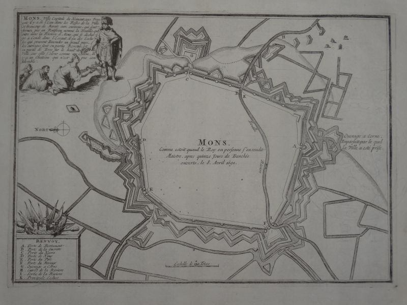 Mapa de la ciudad de Mons (Bélgica, Europa), 1694. Nicolás de Fer