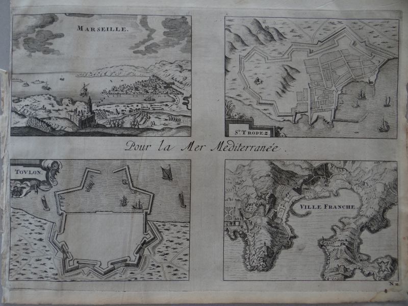 Vista de Marsella y planimetría de St.Tropez, Toulon y Villafranca del Mar ( sureste Francia), 1695. Nicolás de Fer