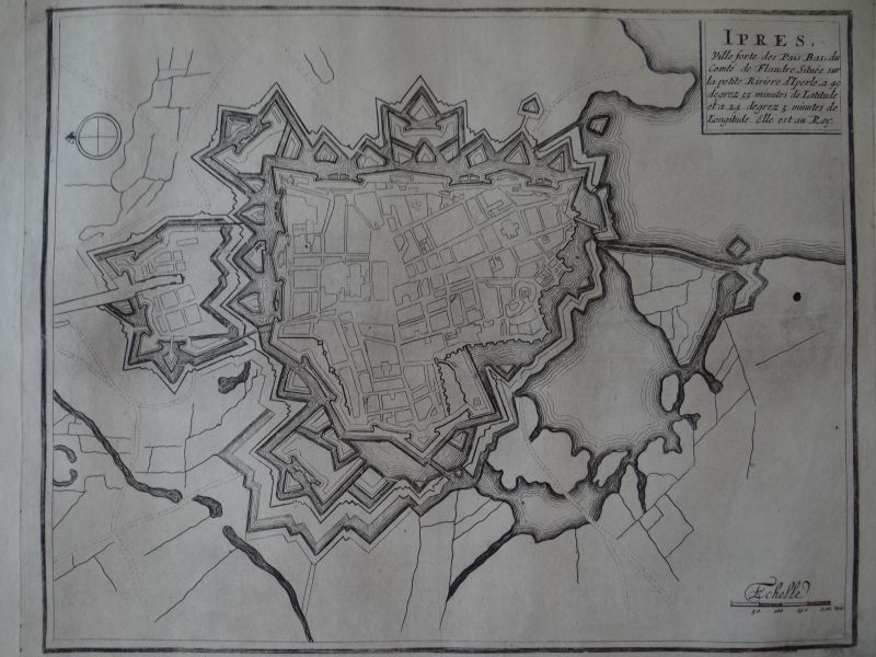 Mapa de la ciudad de Ypres (Bélgica, Europa), 1696. Nicolás de Fer