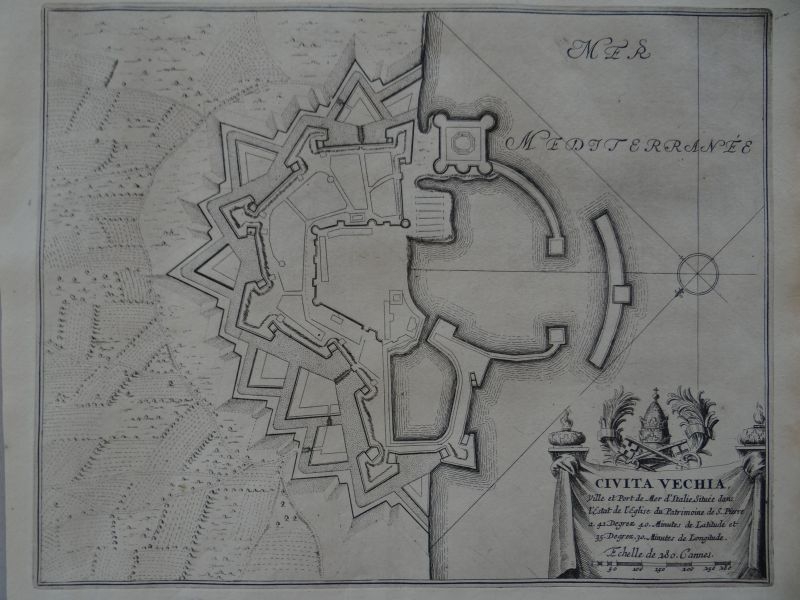 Mapa de la ciudad y puerto de Civitavecchia, Lacio (Italia), 1696. Nicolás de Fer