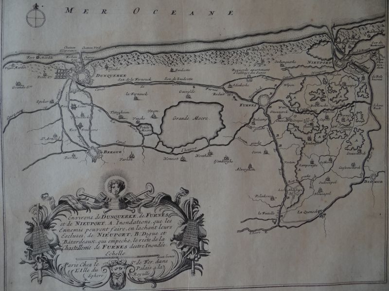 Mapa de los alrededores de la ciudad de Dunkerque (Francia), 1696. Nicolás de Fer