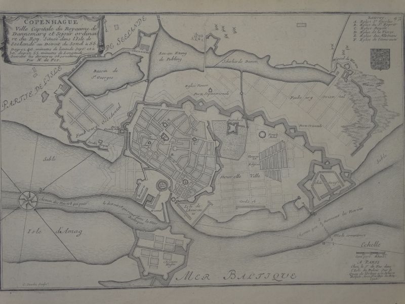 Plano y descripción de la ciudad de Cophenague (Dinamarca, Europa), 1705. Nicolás de Fer