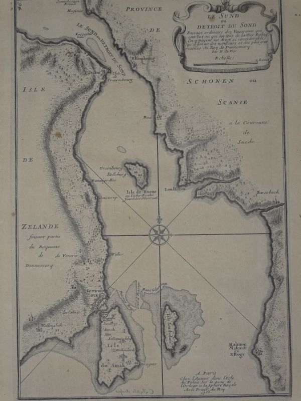 Carta náutica del estrecho de Sund, entrada para Cophenague (Dinamarca), 1705.Nicolás de Fer