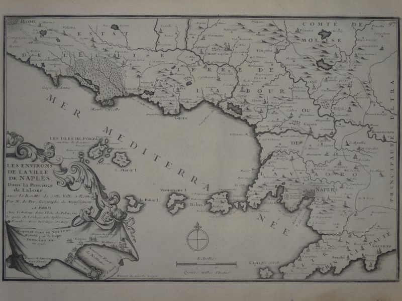 Mapa de los alrededores de la ciudad de Nápoles (Italia), 1705. Nicolás de Fer