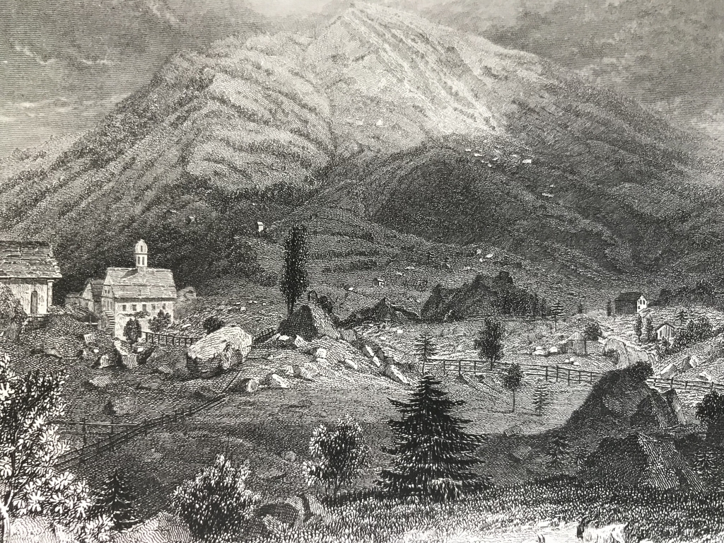 Vista panorámica de Goldau hacia Rossberg(Suiza, Europa), ca. 1850. Anónimo