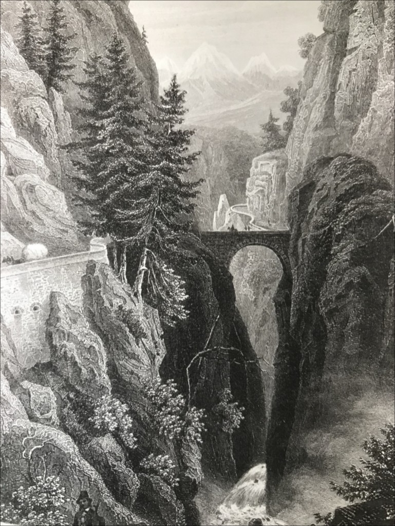 Vista del camino Via Mala, cantón de los Grisones (Suiza, Europa), ca. 1850.  Eigenthum