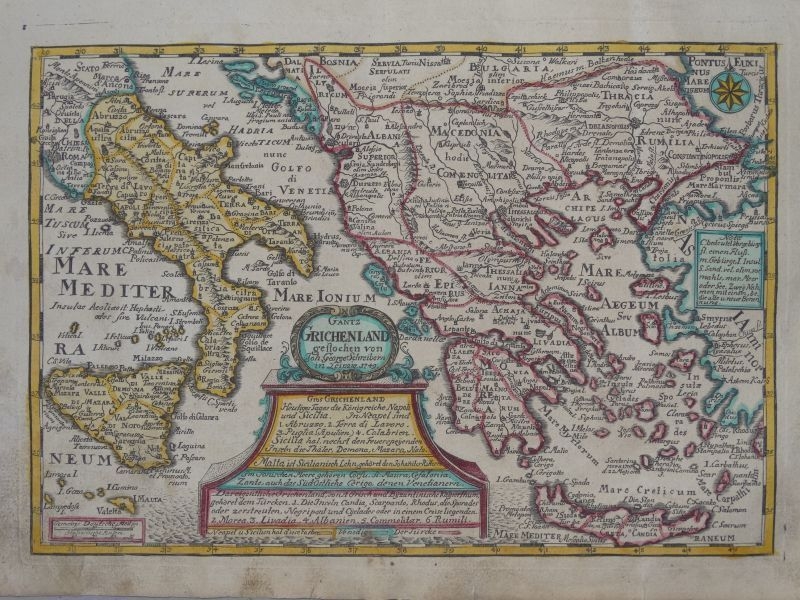 Mapa de Grecia e Italia, hacia 1720. Schreiber