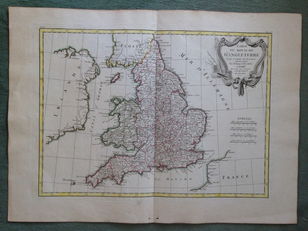 Mapa de Inglaterra (Reino Unido), 1771. Bonne/Lattre