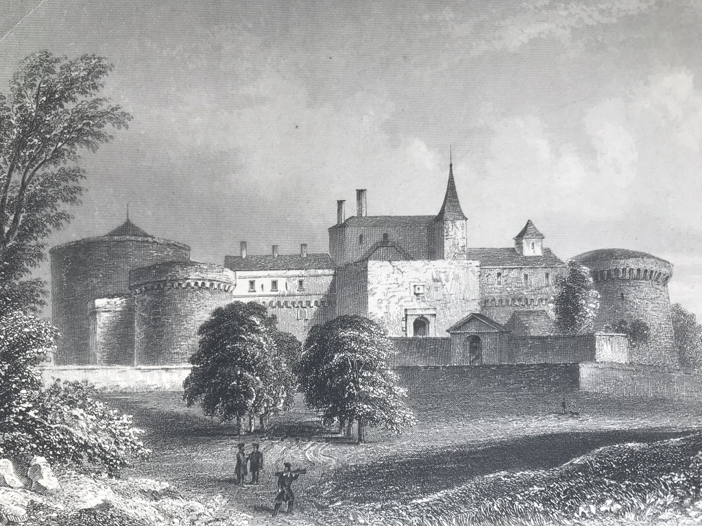 Vista panorámica de castillo de Hamm, Renania-Palatinado (Alemania), ca. 1850. Carse/French