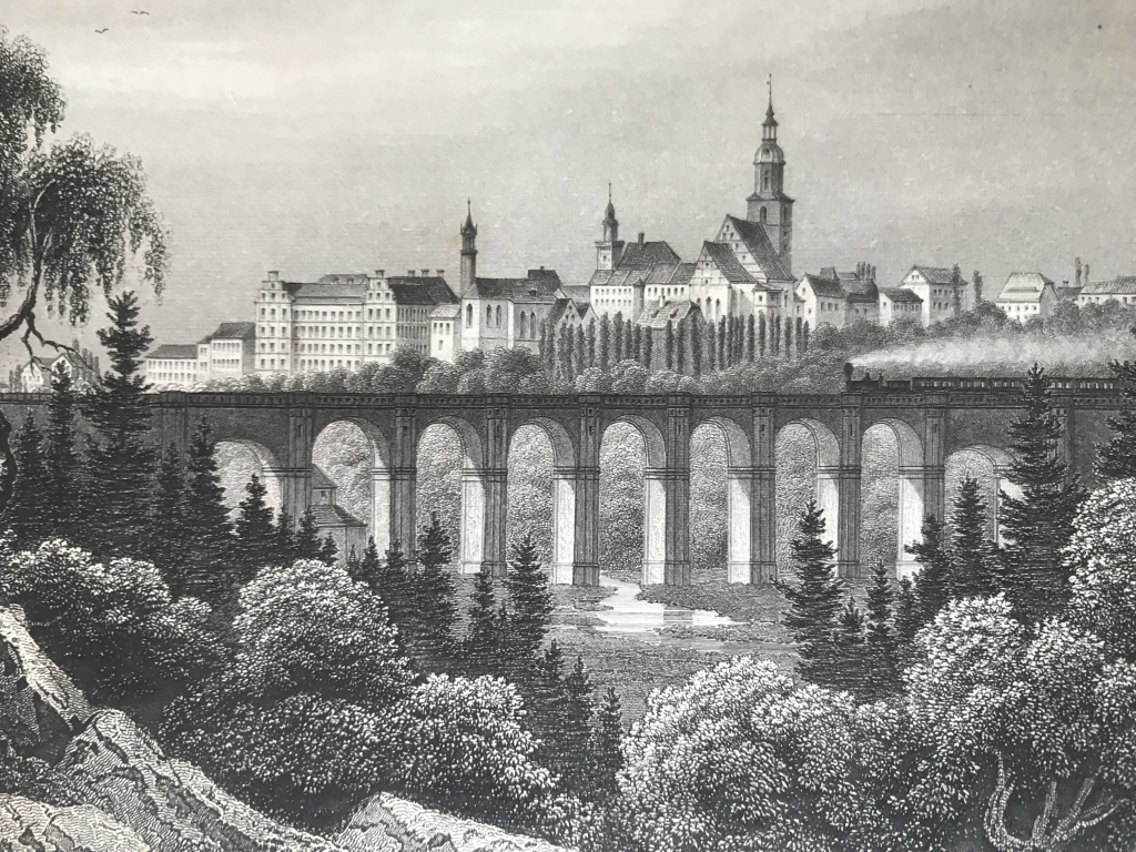 Vista panorámica de la ciudad de Löbao (Sajonia, Alemania) y alrededores, circa 1850. Rohbock/Kurz/Lange