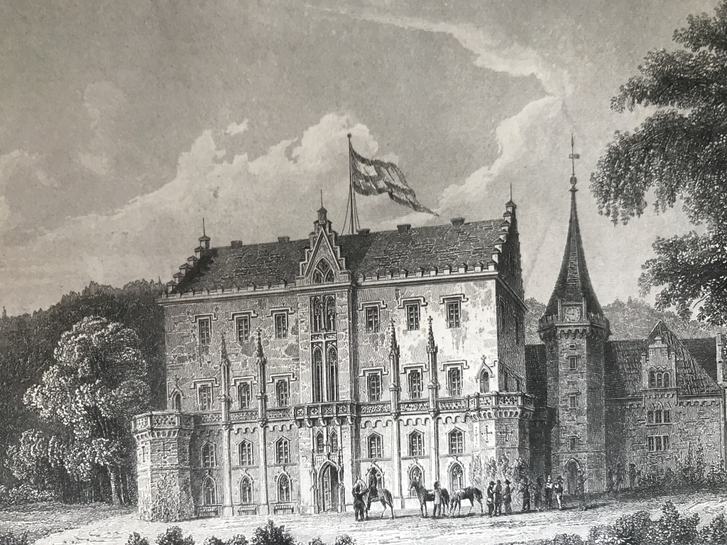 Vista del castillo de Reinhardsbrunn, Gotha (Turingia, Alemania), circa 1850. F. Schad/J.Kolb