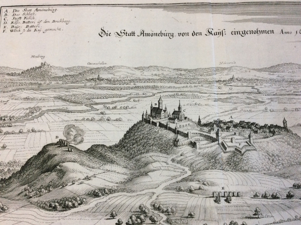 Vista panorámica de la fortaleza de  Amöneburg (Alemania), hacia 1642. Merian