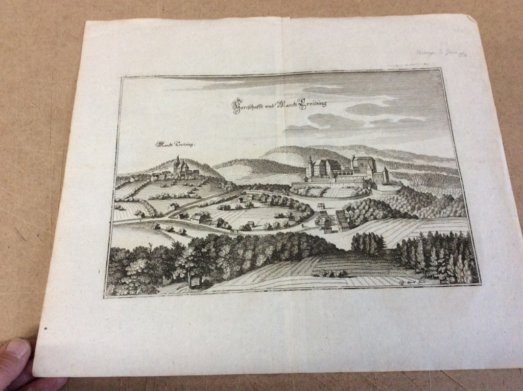 Vista panorámica de la ciudad- fortaleza de Bad Kreuzen (Austria), 1650. Merian
