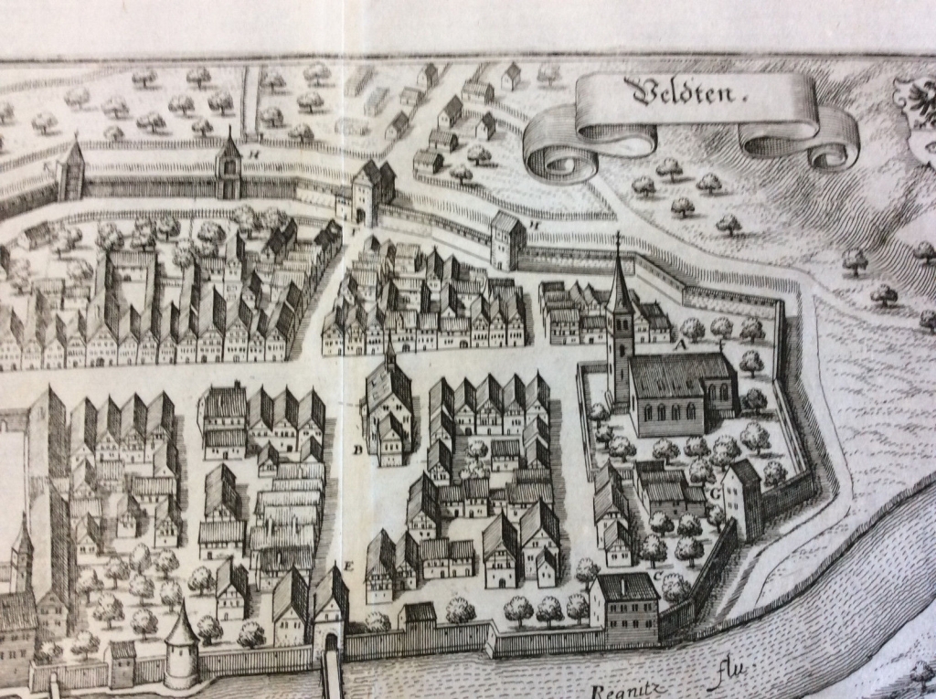 Mapa y vista de la ciudad de Velten (Brandenburgo, Alemania),  1648. Merian