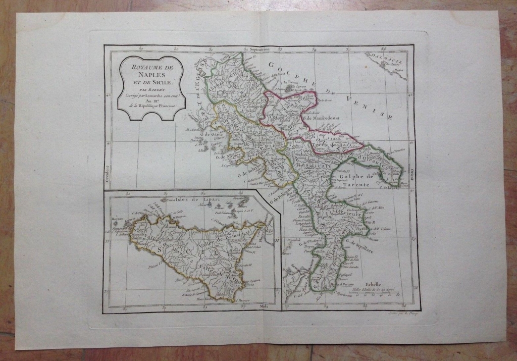 Mapa de los antiguo Reino de  Nápoles y Sicilia (Italia), 1795. Vaugondy/Delacroix/Dussy/Delamarche