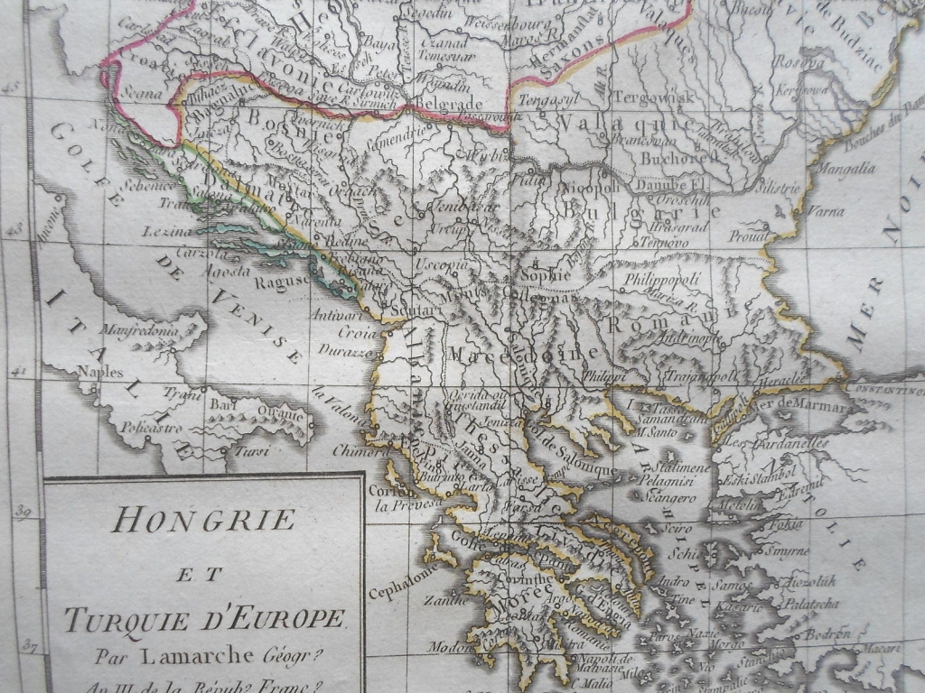 Mapa de Hungría y Grecia (Europa), 1799. Delamarche