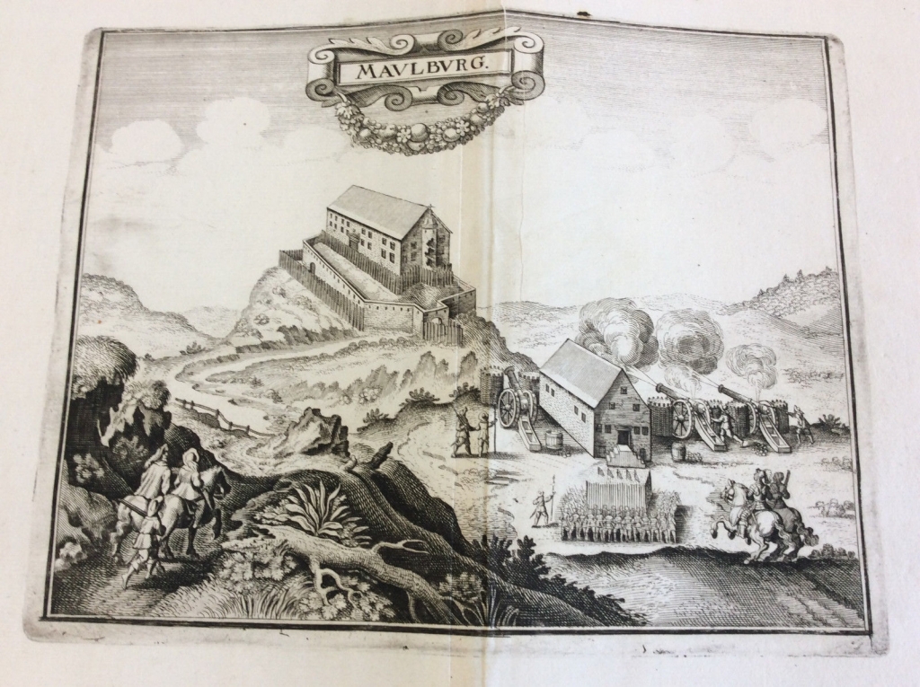 Vista del asedio y ataque militar a  Mahlberg (Alemania), 1650. Merian