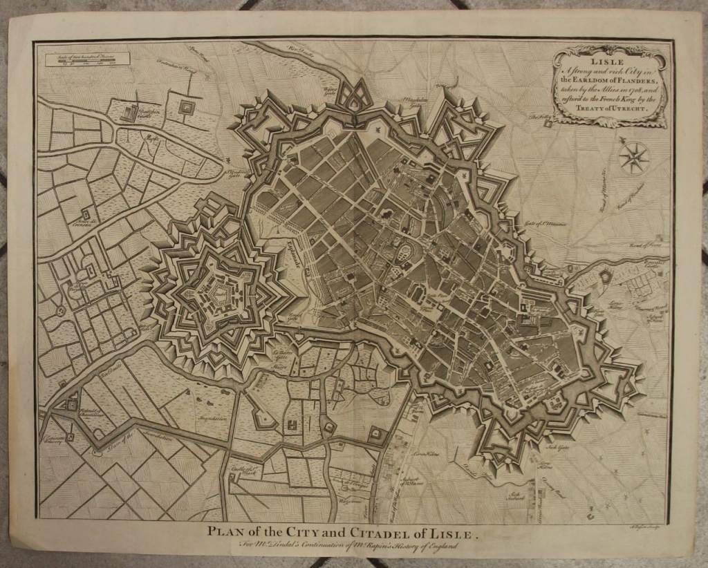 Mapa y plano de la ciudad y fortaleza de Lille (Francia), 1745. Basire/Tindal/Rapin