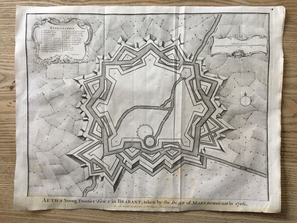 Mapa y plano de  la ciudad de Aeth y alrededores ( Bélgica, Europa), 1744. Basire/Tindal/Rapin