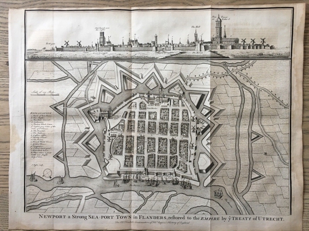 Mapa y vista panorámica de la ciudad de Newport (Bélgica), 1744.Basire/ Tindal/ Rapin