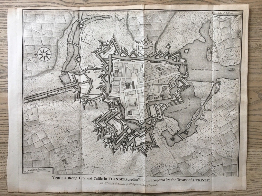 Mapa de la ciudad fortificada de Ypres (Bélgica, Europa), 1744. Basire/ Tindal/ Rapin