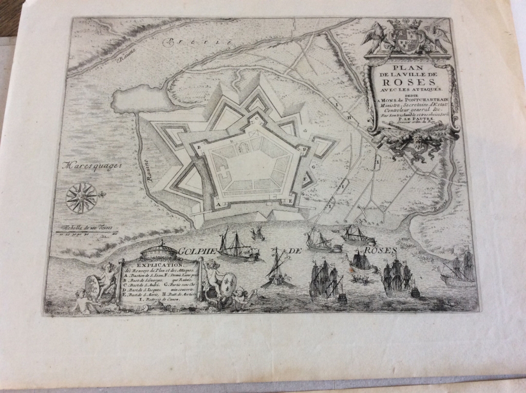 Mapa y vista de la ciudad y puerto de Rosas (Gerona, España), 1694. Nicolás de Fer/Le Pautre