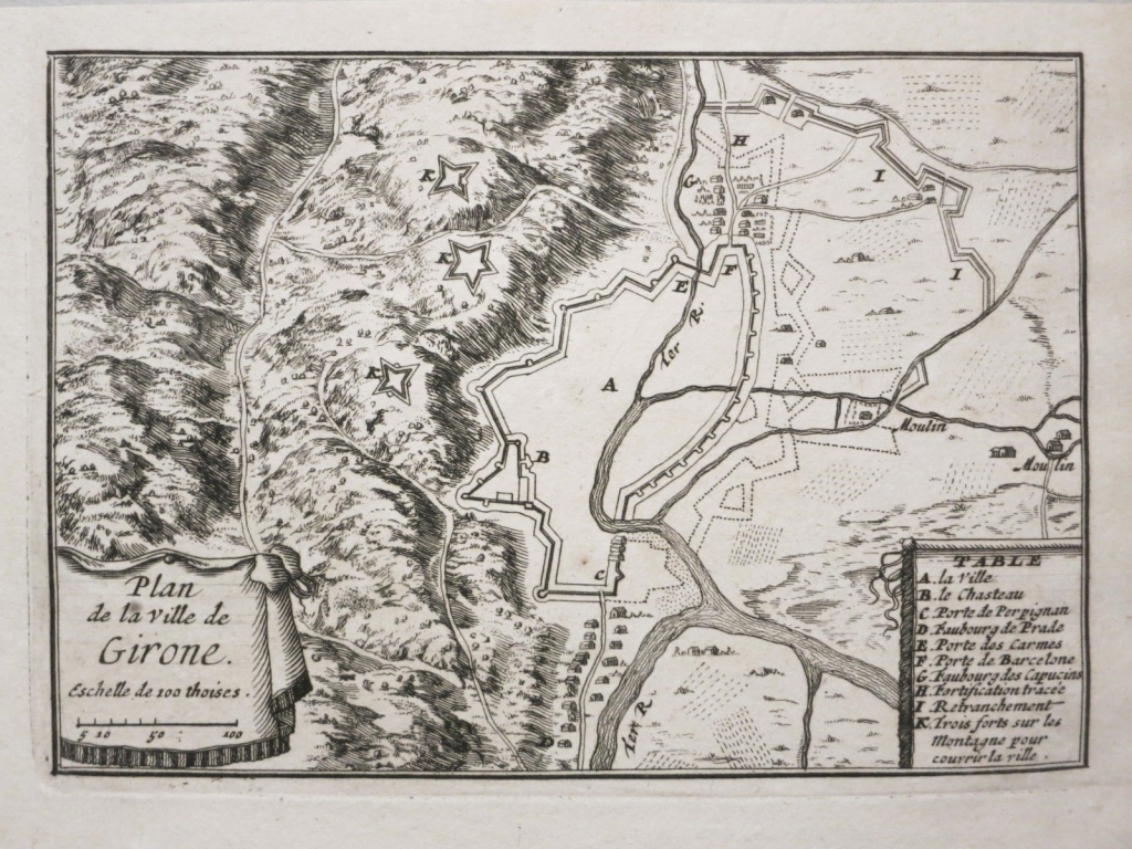 Plano de la ciudad de Gerona y alrededores (Cataluña, España), 1678. Ponteult de Beaulieu