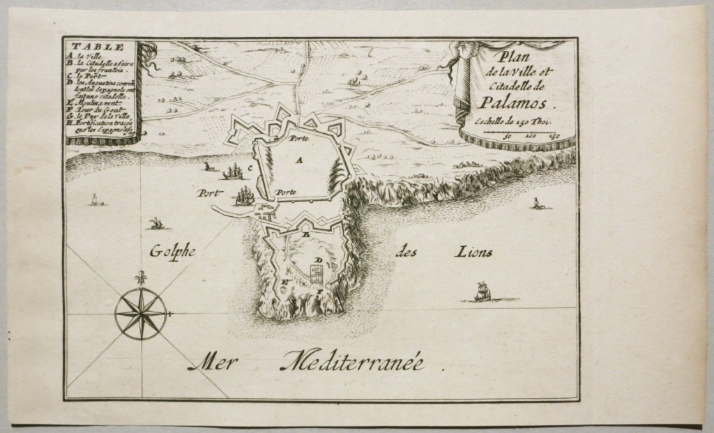 Plano de la ciudad y puerto de Palamós, Gerona (Cataluña, España), 1678. Ponteult de Beaulieu